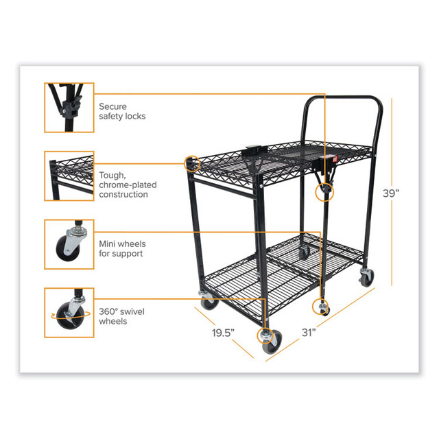 STANLEY BOSTITCH BSACSMBLK Stowaway Folding Carts, Metal, 2 Shelves, 250 lb Capacity, 29.63" x 37.25" x 18", Black