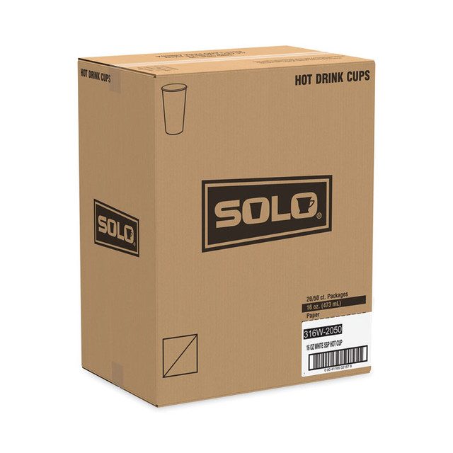 DART SOLO® 316W Single-Sided Poly Paper Hot Cups, 16 oz, White, 50/Sleeve, 20 Sleeves/Carton