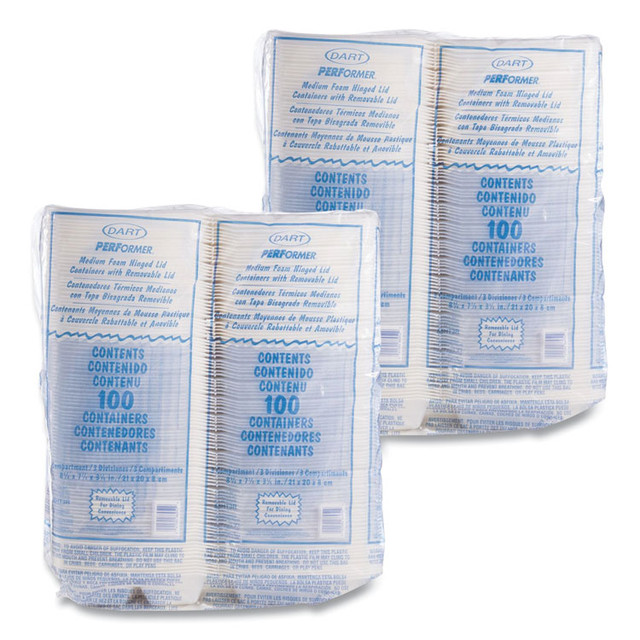 DART 85HT3R Foam Hinged Lid Containers, 3 Compartments, 8.38 x 7.78 x 3.25, 200/Carton
