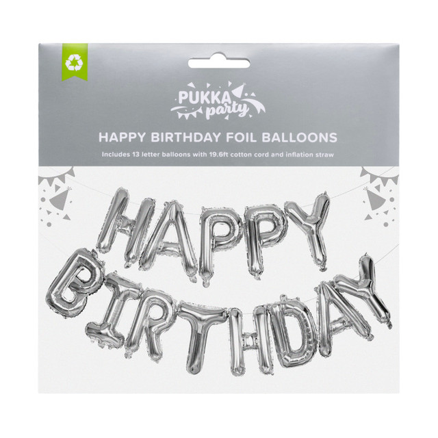 PUKKA PADS USA CORP Pukka Party Happy Birthday Foil Balloon Garland, Silver PUKKA PADS USA CORP Pukka Party Happy Birthday Foil Balloon Garland, Silver