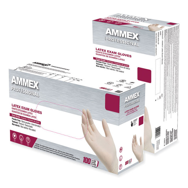 AMMEX CORPORATION Professional GPPFT42100 Latex Exam Gloves, Powder-Free, Small, 4 mil (Palm), 5 mil (Fingers), Ivory, 100/Box