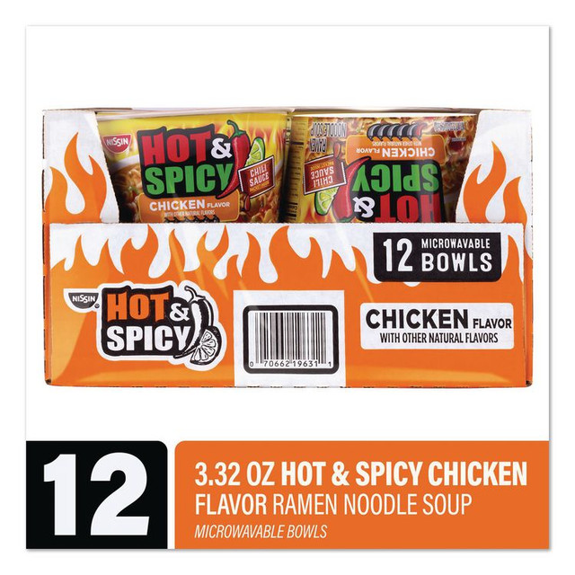 NISSIN FOODS 22002656 Hot and Spicy Chicken Soup Bowl, Chicken, 3.32 oz Bowl, 12/Carton