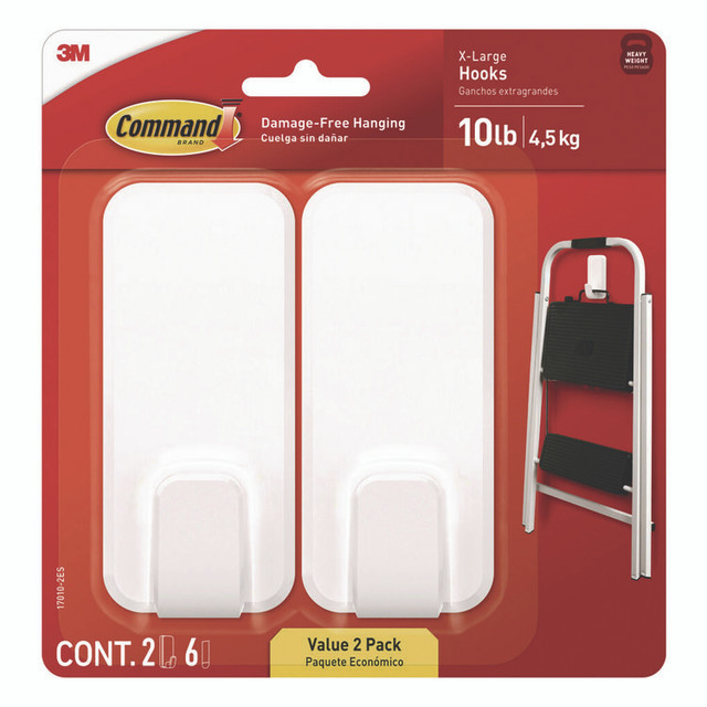 3M/COMMERCIAL TAPE DIV. Command™ 170102ES X-Large Utility Hooks, Plastic, White, Supports 10 lb, 2/Pack