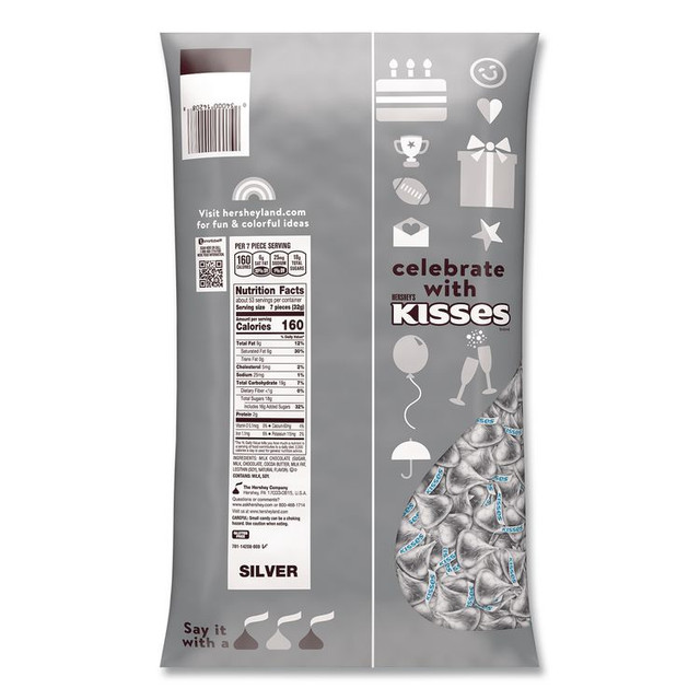 THE HERSHEY COMPANY Hershey®'s HEC33458 KISSES Milk Chocolate Candy, Silver Foils, 60 oz Bag