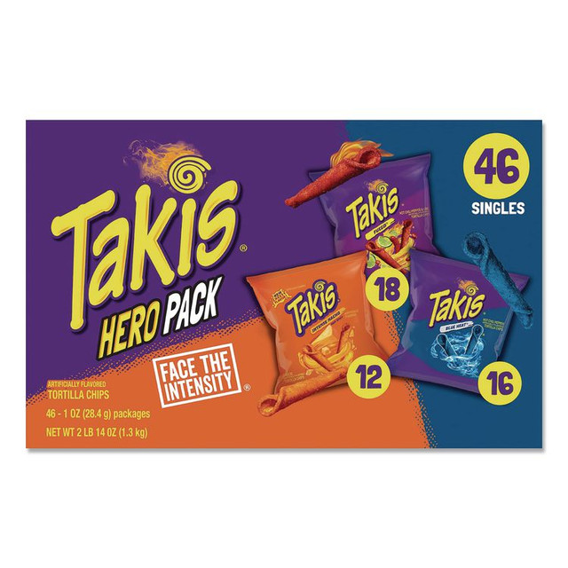 GRUPO BIMBO Takis® BAR04896 Hero Pack Tortilla Chips, Blue Heat/Fuego/Intense Nacho, 1 oz Bag, 46/Carton
