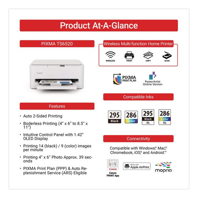 INNOVERA Canon® 7179C002 PIXMA TS6520 Inkjet Printer, Copy/Print/Scan