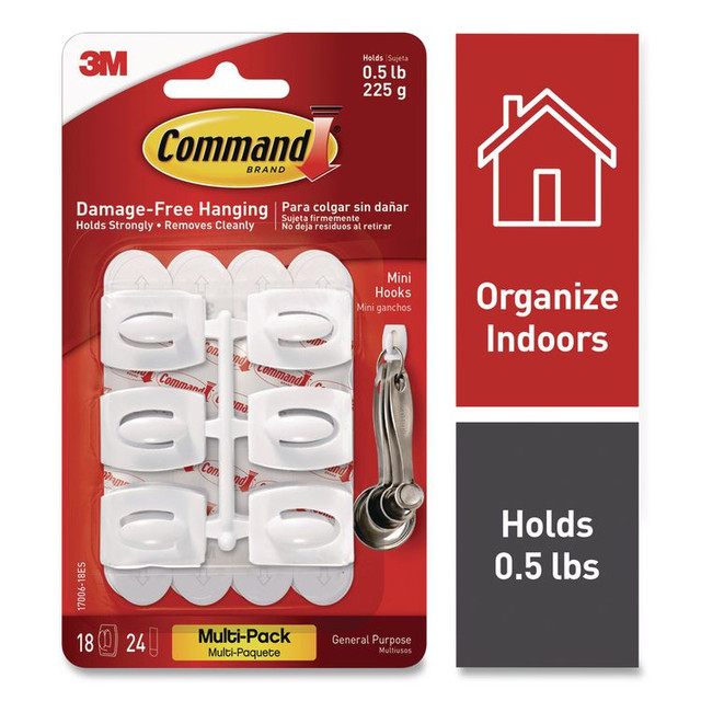 3M/COMMERCIAL TAPE DIV. Command™ 17006VP Mini Hooks, Plastic, White, Supports 0.5 lb, 18/Pack