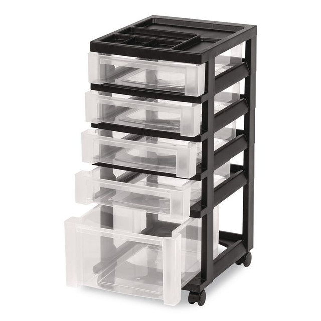 IRIS USA, INC 270015116865 Five-Drawer Rolling Cart with Organizer Top, Plastic, 12.13 x 14.38 x 26.38, Clear/Black