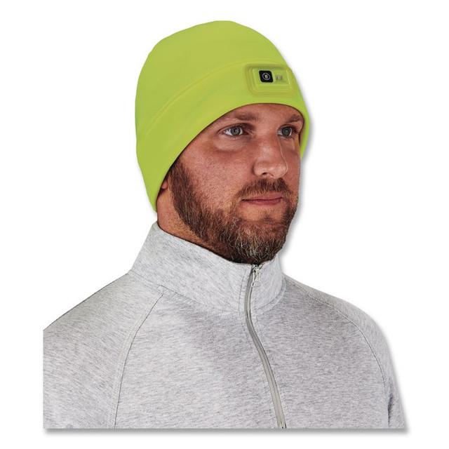 TENACIOUS HOLDINGS, INC. ergodyne® 16790 N-Ferno 6801 Winter Skull Cap with LED Rechargeable Light, Fleece, One Size Fits Most, Lime