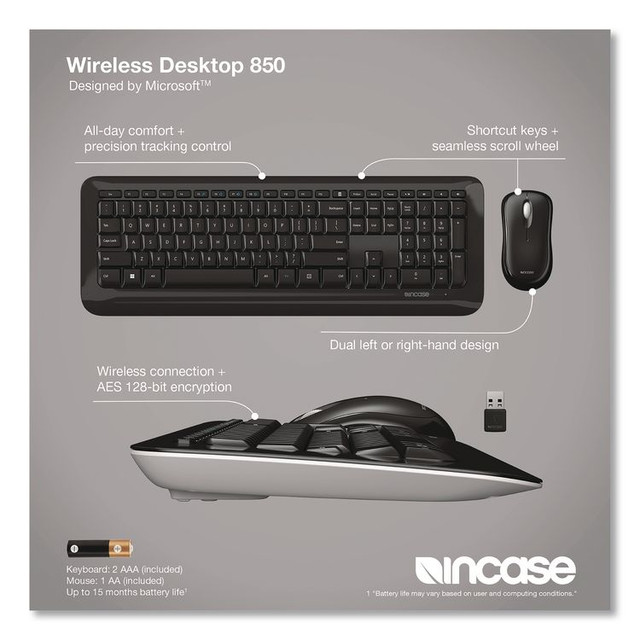 INCASE Designed by Microsoft™ PY900001 Wireless Desktop 850 Keyboard and Optical Mouse Combo, 2.4 GHz Frequency/15 ft Wireless Range, Black