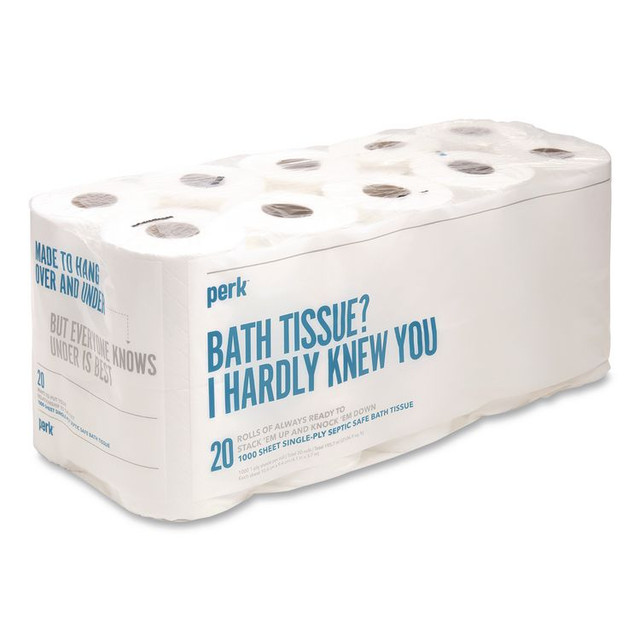 PERK 24388712 Septic Safe Toilet Paper, 1-Ply, White, 1,000 Sheets/Roll, 20 Rolls/Pack