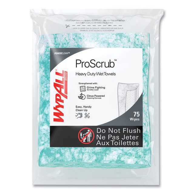 KIMBERLY-CLARK PROFESSIONAL WypAll® 91367CT Power Clean ProScrub Pre-Saturated Wipes, 12 x 9.5, Citrus Scent, Green, 75/Pack, 6 Packs/Carton