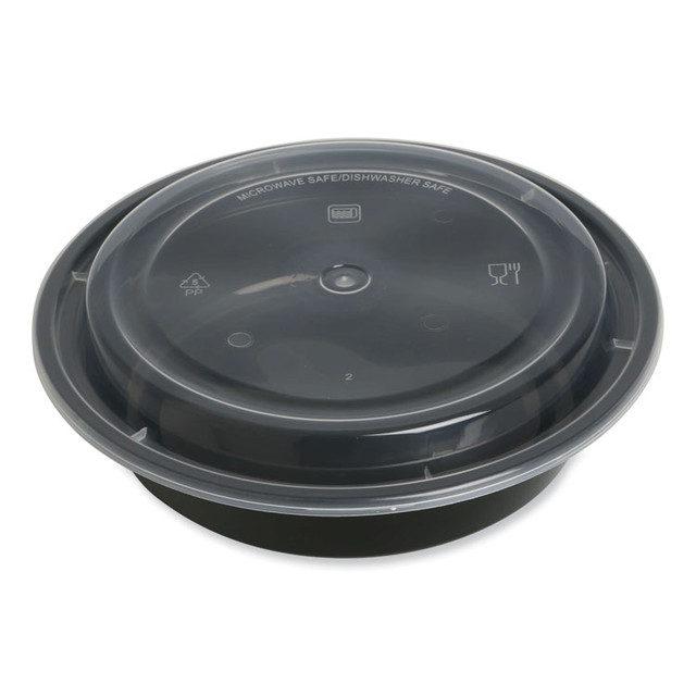 GEN TORND24 Microwavable Food Container with Lid, Round, 24 oz, 7.28 x 7.28 x 1.96, Black/Clear, Plastic, 150/Carton