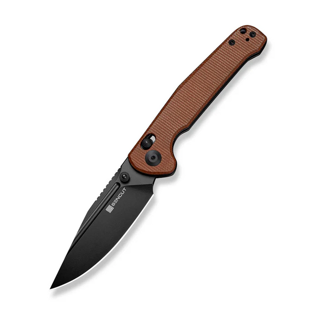 SENCUT S25046-3 Glenspar Thumb Stud & Crossbar Lock Knife Brown Canvas Micarta Handle (3.45"" Black 9Cr18MoV Blade)
