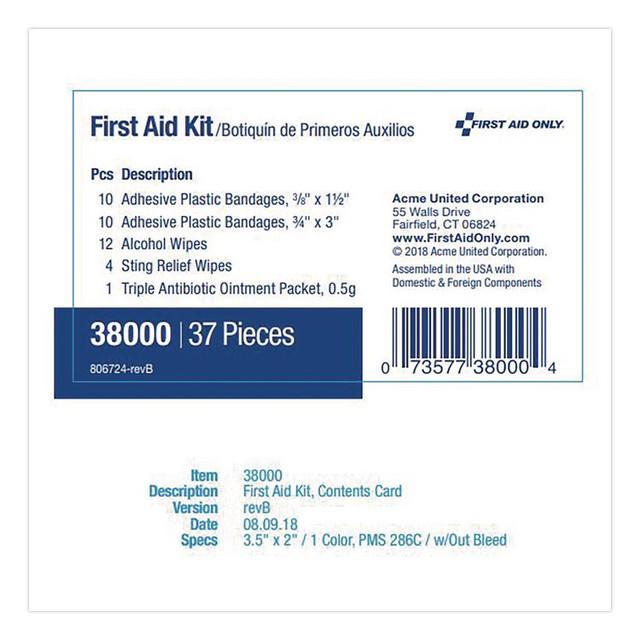 FIRST AID ONLY, INC. ACM38000 Personal First Aid Kit, 37 Pieces, Plastic Case