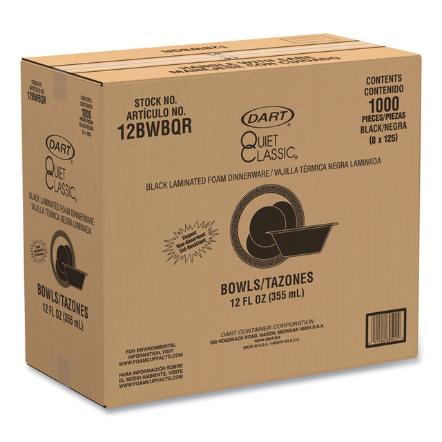 DART 12BWBQR Quiet Classic Laminated Foam Dinnerware, Bowl, 12 oz, Black, 1,000/Carton