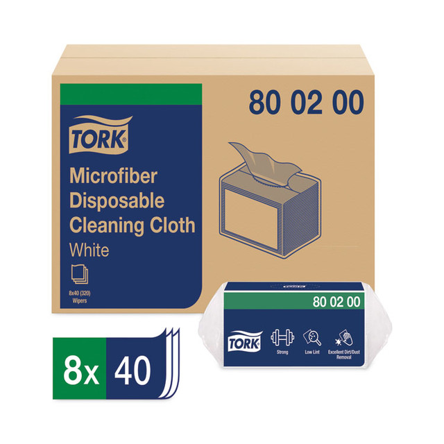 SCA TISSUE Tork® 800200 Microfiber Disposable Cleaning Cloth, 1-Ply, 11.6 x 13.4, Unscented, White, 40 Wipes/Pack, 8 Packs/Carton