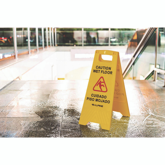 ALPINE INDUSTRIES ALP4993 Bilingual Caution Wet Floor Sign, 11.8 x 0.7 x 24.6, Yellow, 3/Carton
