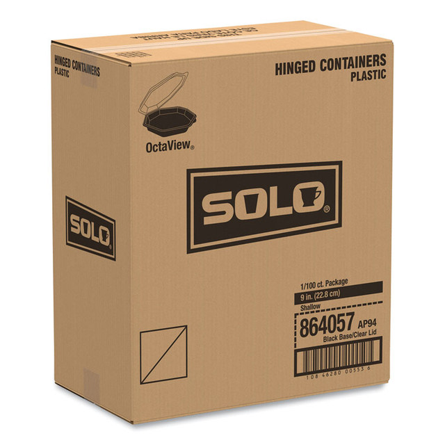 DART SOLO® 864057AP94 OctaView Hinged-Lid Cold Food Containers, 9.2 x 9.6 x 2, Black/Clear, Plastic, 100/Carton
