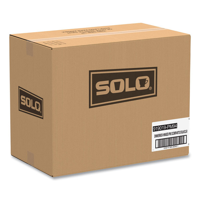 DART SOLO® 919019PM94 Hinged-Lid Dinner Box, 3 Compartments, 32 oz, 11.5 x 8.1 x 3, Black/Clear, Plastic, 100/Carton