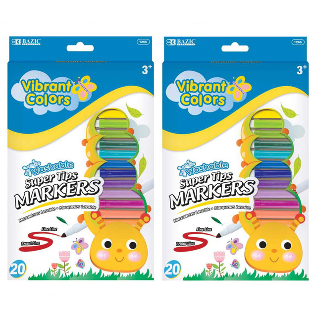 BAZIC PRODUCTS BAZIC Products® Super Tip Washable Markers, Fine Line, 20 Colors Per Pack, Pack of 2