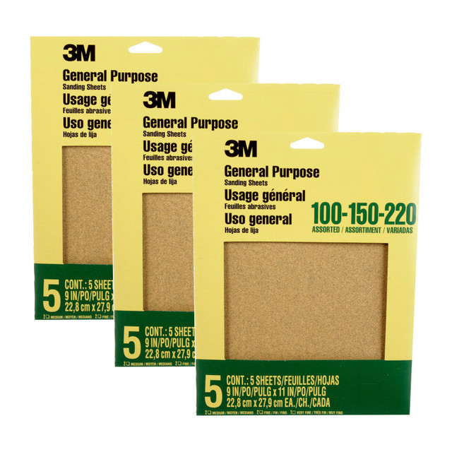 3M COMPANY 3M® General Purpose Sanding Sheets, 100, 150, 200 Grit Assortment, 9x11 in, 5 Sheets Per Set, 3 Sets
