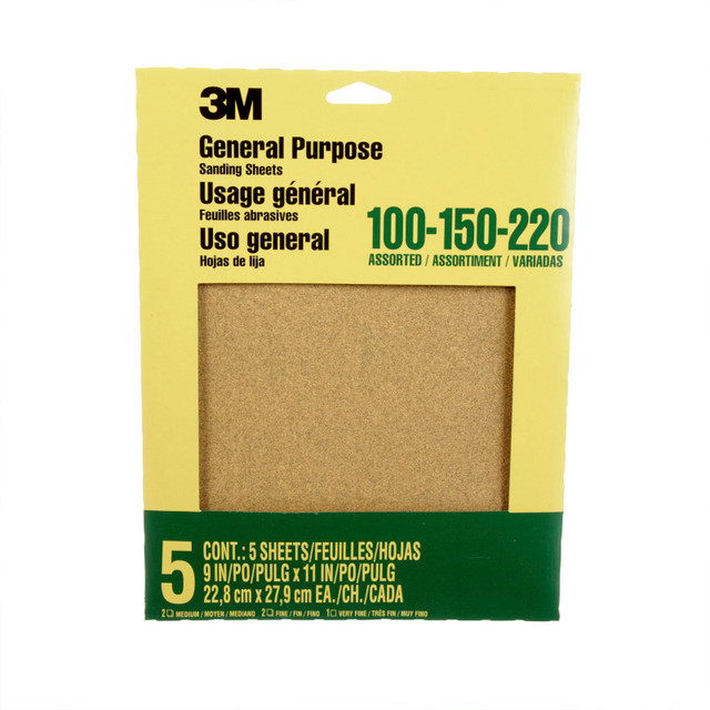 3M COMPANY 3M® General Purpose Sanding Sheets, 100, 150, 200 Grit Assortment, 9" x 11", 5 Sheets