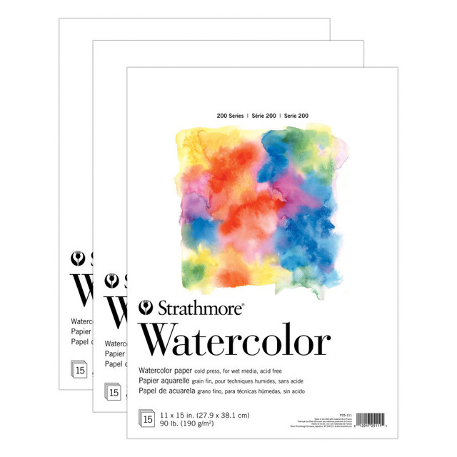 DIXON FINE ART Strathmore 200 Series Watercolor Paper Pad, Tape Binding, 15 Sheet, 11x15 inch, Pack of 3