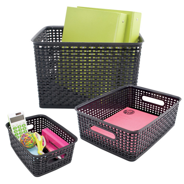 ADVANTUS Advantus® Plastic Weave Storage Bins, Assorted Sizes, Black, Set of 3
