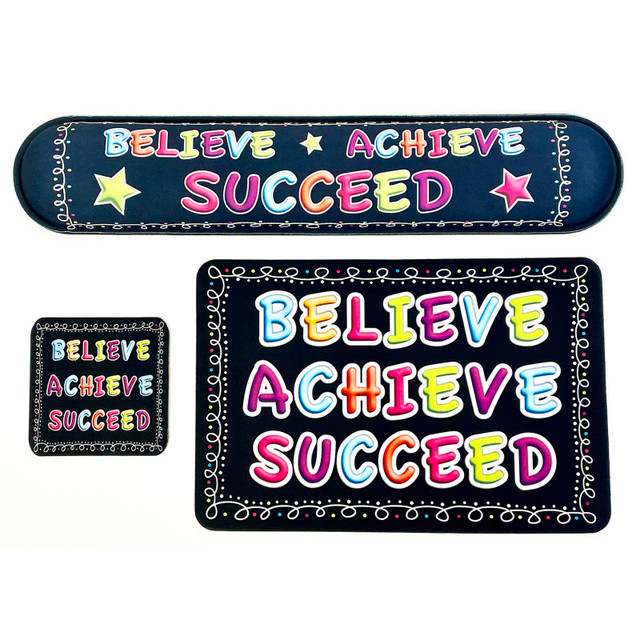 ASHLEY PRODUCTIONS Ashley Productions® The Original Fun Mat® Computer Desk Mats, Set of 3, (1) Mouse Pad, (1) Keyboard Wrist Pad, (1) Coaster, Believe, Achieve, Succeed, Chalk Loops