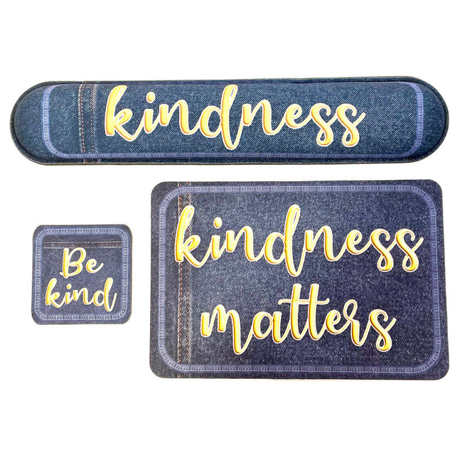 ASHLEY PRODUCTIONS Ashley Productions® The Original Fun Mat® Computer Desk Mats, Set of 3, (1) Mouse Pad, (1) Keyboard Wrist Pad, (1) Coaster, Kindness Themed, Denim