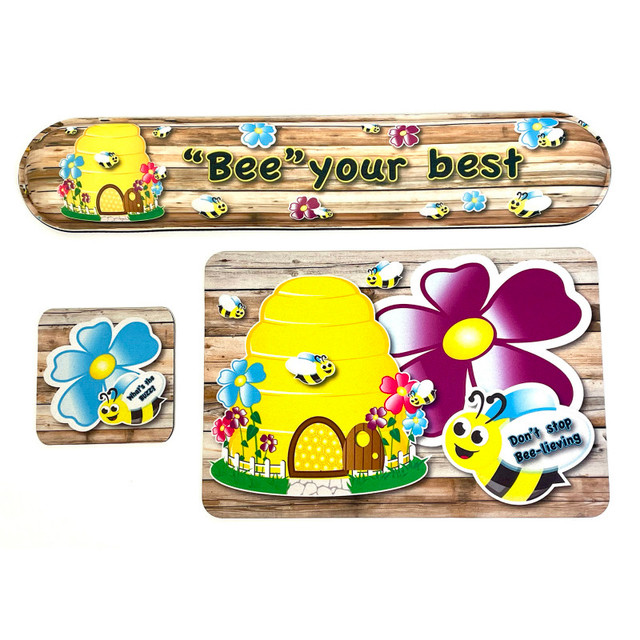 ASHLEY PRODUCTIONS Ashley Productions® The Original Fun Mat® Computer Desk Mats, Set of 3, (1) Mouse Pad, (1) Keyboard Wrist Pad, (1) Coaster, Bee Your Best, Bee Themed Positive