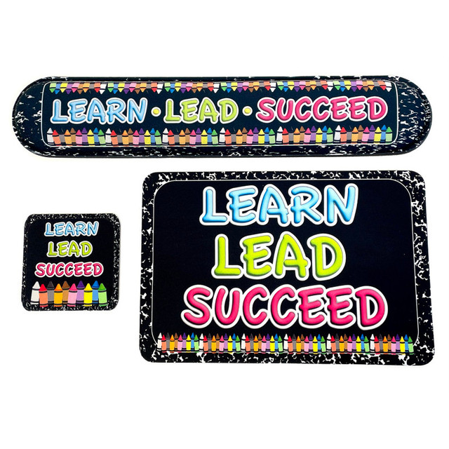 ASHLEY PRODUCTIONS Ashley Productions® The Original Fun Mat® Computer Desk Mats, Set of 3, (1) Mouse Pad, (1) Keyboard Wrist Pad, (1) Coaster, Learn, Lead, Succeed, Crayon Composition
