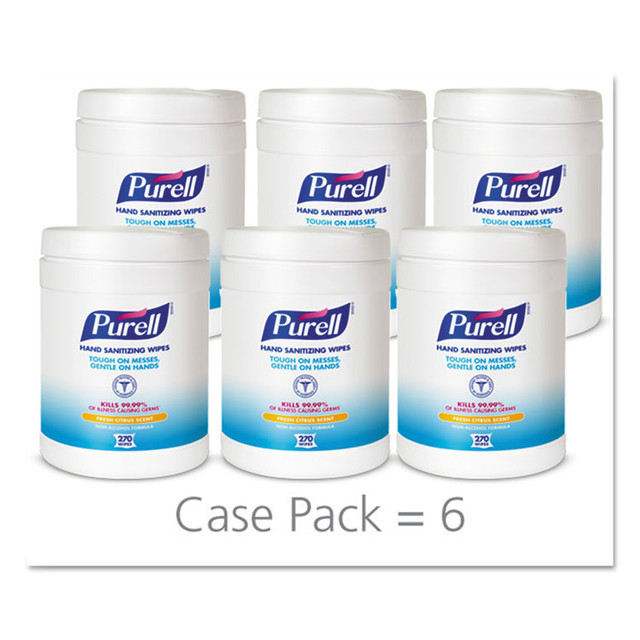 GO-JO INDUSTRIES PURELL® 9113-06CT Sanitizing Hand Wipes, 6.75 x 6, Fresh Citrus, White, 270/Canister, 6 Canisters/Carton