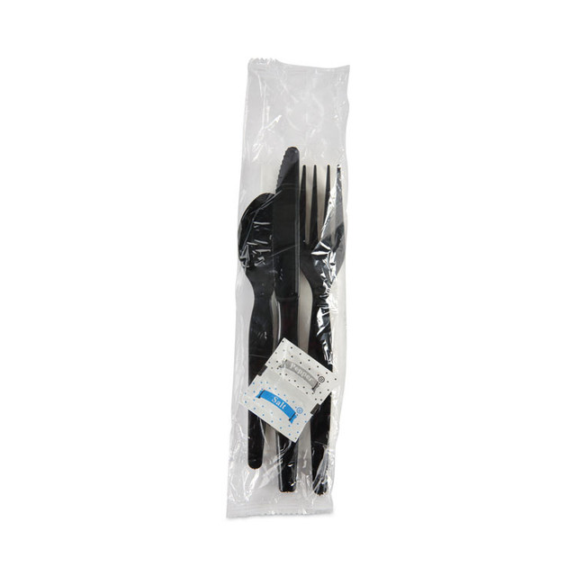 BOARDWALK FKTNSHWPSBLA Six-Piece Cutlery Kit, Heavyweight, Fork/Knife/Napkin/Pepper/Salt/Spoon, Plastic, Black, 250/Carton