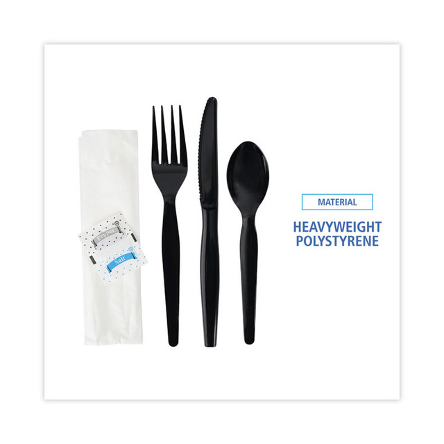 BOARDWALK FKTNSHWPSBLA Six-Piece Cutlery Kit, Condiment/Fork/Knife/Napkin/Spoon, Heavyweight, Black, 250/Carton