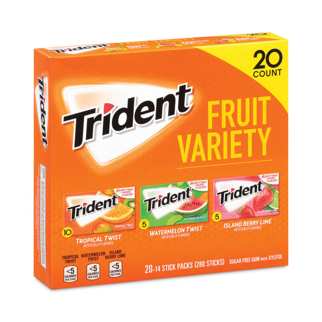 MONDELEZ INTERNATIONAL Trident® 22000891 Sugar-Free Gum, Fruit Variety, 14 Pieces/Pack, 20 Packs/Carton