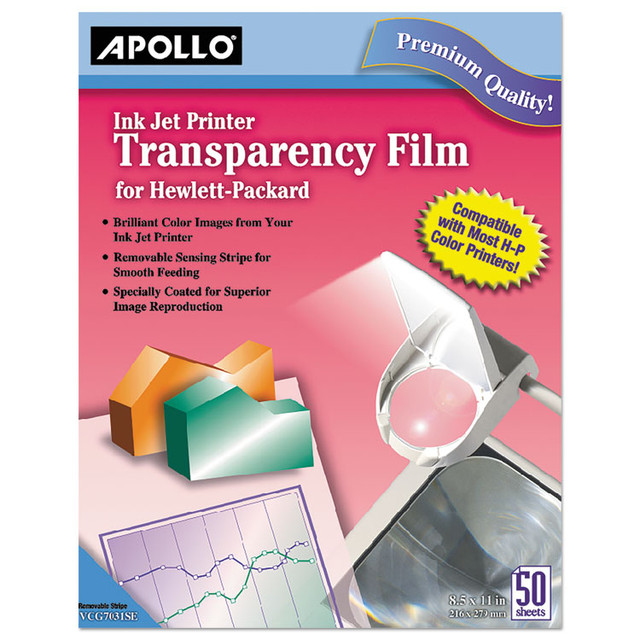 APOLLO AUDIO VISUAL CG7031S Quick-Dry Color Inkjet Transparency Film with Handling Strip, 8.5 x 11, 50/Box