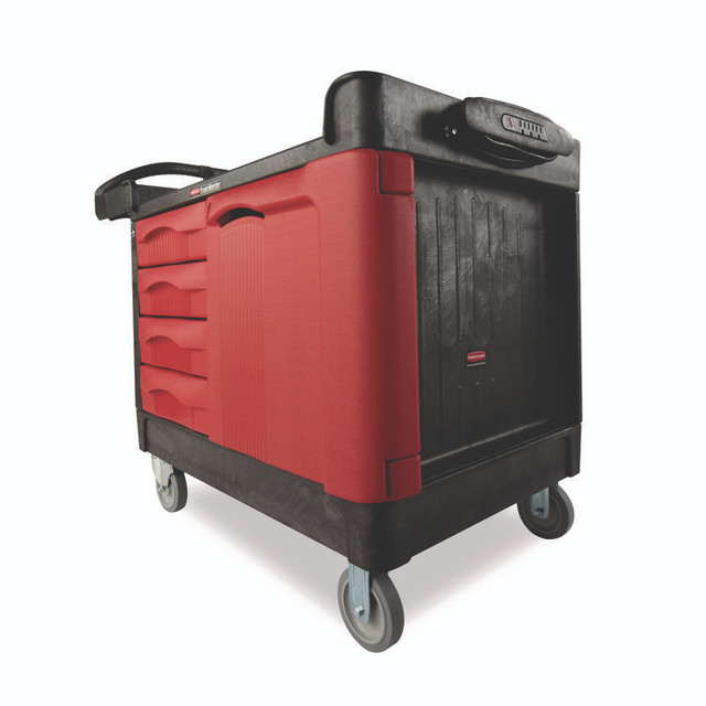 RUBBERMAID COMMERCIAL PROD. 4533-88 BLA TradeMaster Cart with One Door, Plastic, 3 Shelves, 4 Drawers, 750 lb Capacity, 26.25" x 49" x 38", Black