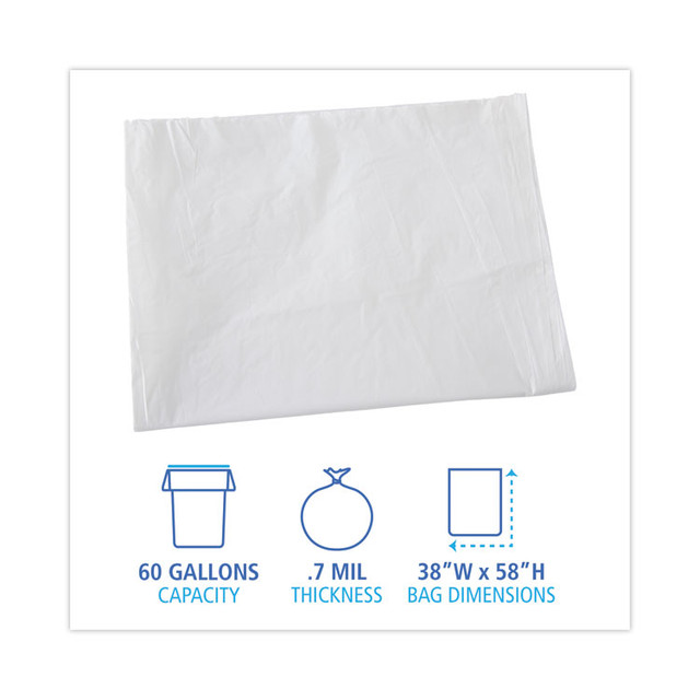 BOARDWALK VW3858X Linear Low Density Industrial Can Liners, 60 gal, 0.7 mil, 38" x 58", White, Flat Pack, 100/Carton