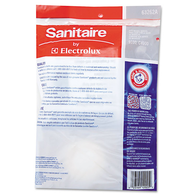 ELECTROLUX FLOOR CARE COMPANY Sanitaire® 63262B10CT SD Premium Allergen Vacuum Bags with Arm and Hammer for SC9100 Series, 5/Pack, 10 Packs/Carton