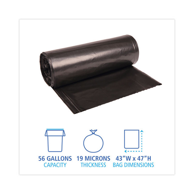 BOARDWALK 434722BLK High-Density Can Liners, 56 gal, 19 mic, 43" x 47", Black, Perforated Roll, 25 Bags/Roll, 6 Rolls/Carton