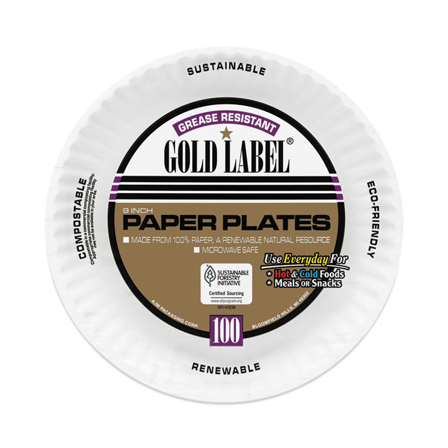 AJM PACKAGING CORP. Corporation CP9GOAWH Coated Paper Plates, 9" dia, White, 100/Pack, 12 Packs/Carton