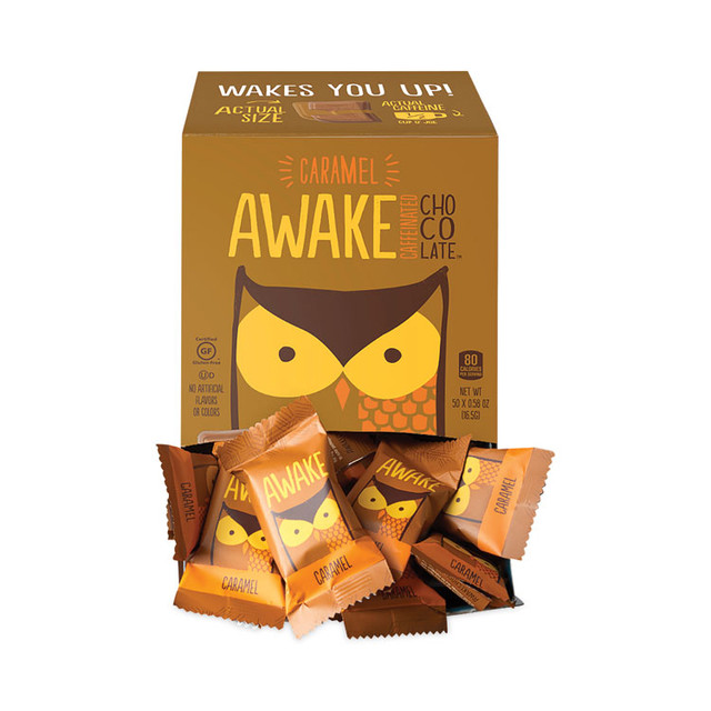 AWAKE 30700315 Caffeinated Caramel Chocolate Bites, 0.58 oz Bars, 50 Bars/Carton