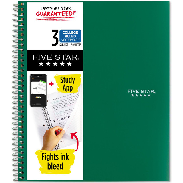 ACCO BRANDS USA, LLC Five Star 820004CE1-ECM  Wirebound Notebook Plus Study App, 8-1/2in x 11in, 5 Subject, College Ruled, 200 Sheets, Forest Green