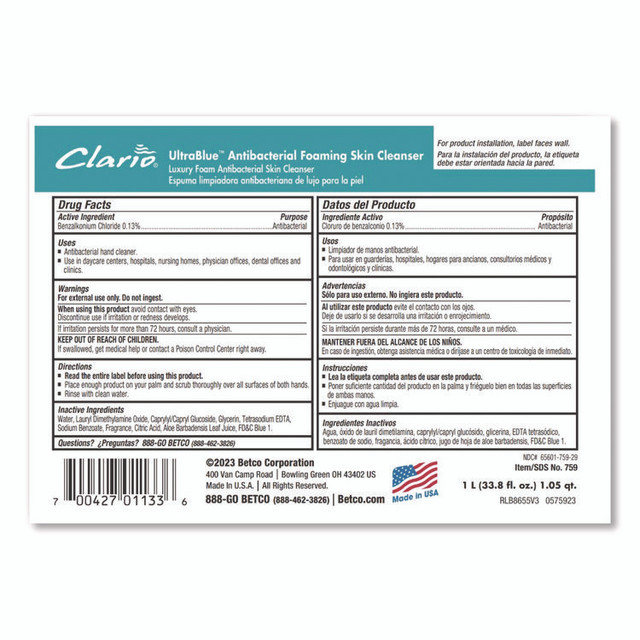 BETCO CORPORATION 7592900 UltraBlue Antibacterial Foaming Skin Cleanser Refill, Fragrance-Free, 1,000 mL, 6/Carton