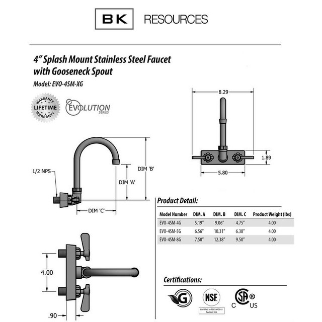 BK RESOURCES EVO4SM8G Evolution Splash Mount Stainless Steel Faucet, 12.38" Height/8" Reach, Stainless Steel