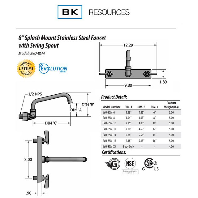BK RESOURCES EVO8SM12 Evolution Splash Mount Stainless Steel Faucet, 4.69" Height/12" Reach, Stainless Steel