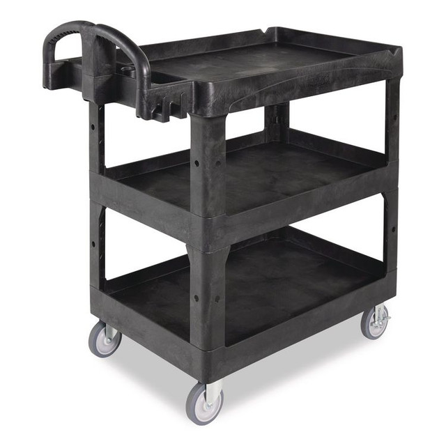 RUBBERMAID COMMERCIAL PROD. 2196862 BRUTE 3-Shelf Heavy-Duty Ergo Lipped Utility Cart, Resin, 3 Shelves, 600 lb Capacity, 25.24" x 44" x 47", Black