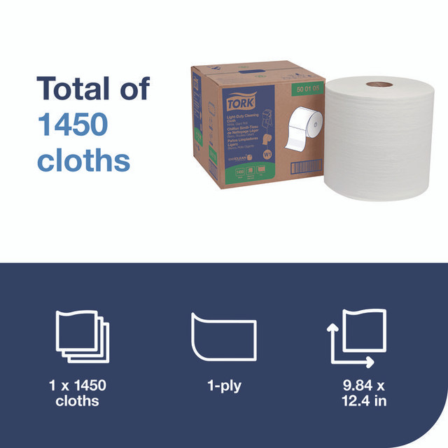 SCA TISSUE Tork® 500105 Light Duty Cleaning Cloth, Giant Roll, 1-Ply, 9 x 12.4, White, 1,450 Sheet Roll/Carton